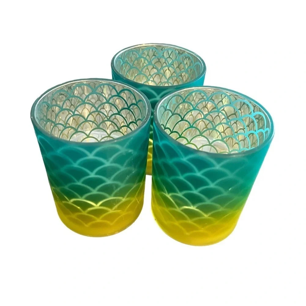 Three Mermaid 4” Votive Holders Cups New Graded Color Green Yellow Silver